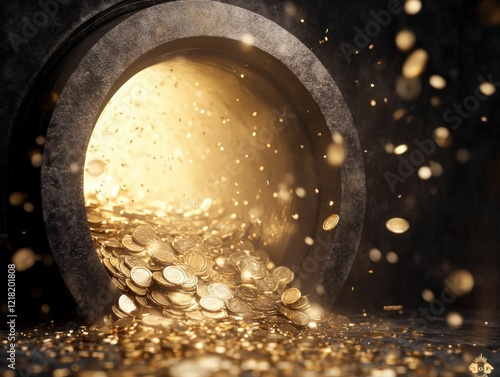 Surreal coins rolling into a bank vault dreamlike imagery financial wealth dark environment close-up view abundance concept photo