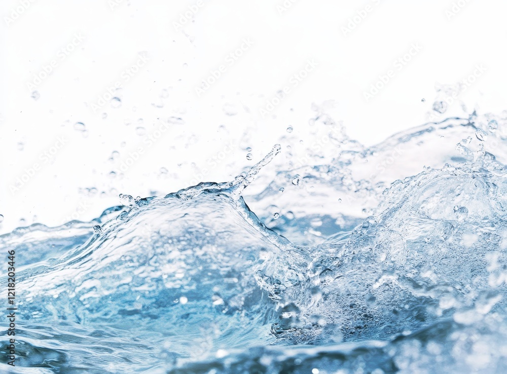 Close-up of dynamic splashing water against a white background. Close-up of dynamic splashing water against a white background.
