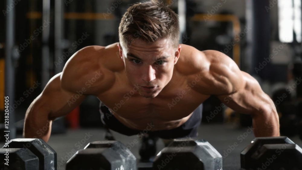 Fit man doing pushups with dumbbells in gym with focused expression, muscles toned, and dimly lit background. Fit man doing pushups with dumbbells in gym with focused expression, muscles toned, and dimly lit background.