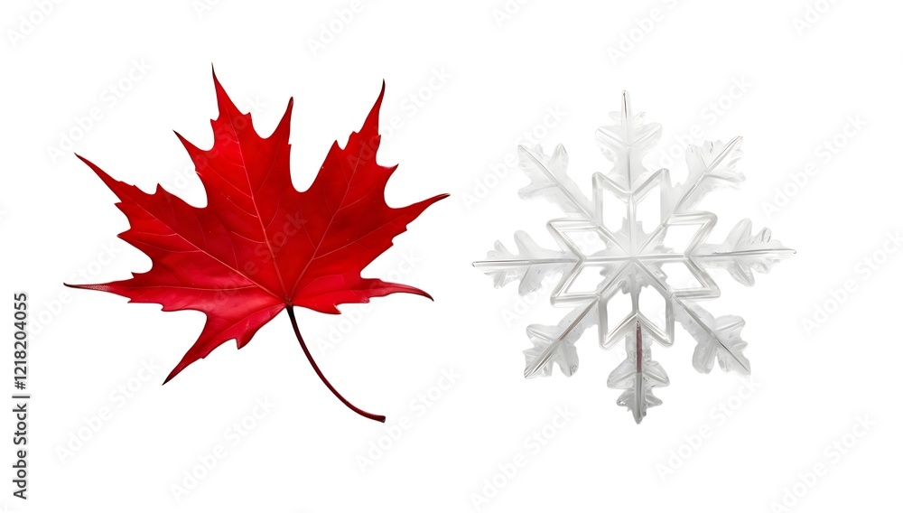 Vibrant Red Maple Leaf and Delicate Snowflake Against White Background Vibrant Red Maple Leaf and Delicate Snowflake Against White Background