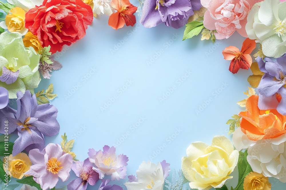 Colorful flower frame on light blue background with copy space. Colorful flower frame on light blue background with copy space.