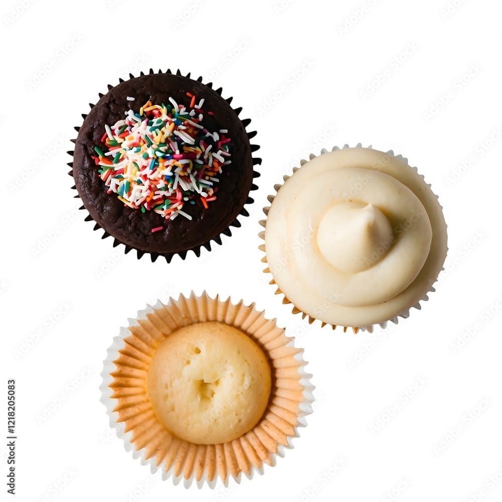 Three Delicious Cupcakes with Sprinkles and Frosting Three Delicious Cupcakes with Sprinkles and Frosting