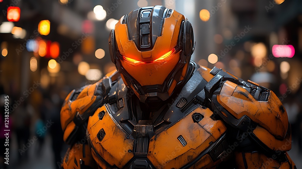 Orange Armored Robot Stands in City Lights Orange Armored Robot Stands in City Lights