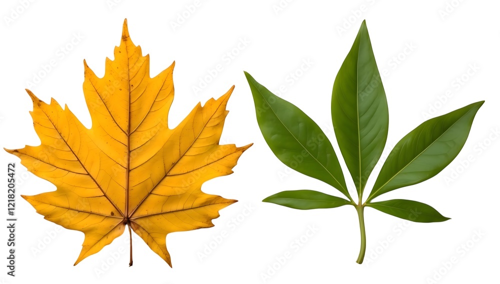 Vibrant Autumn Leaf and Lush Green Leaf Contrast Vibrant Autumn Leaf and Lush Green Leaf Contrast