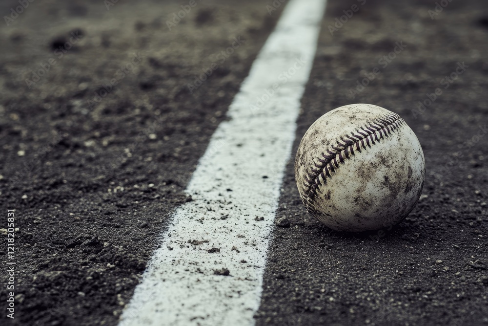 Dirty baseball on a baseball field's foul line. Dirty baseball on a baseball field's foul line.
