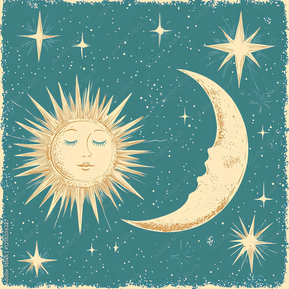 A drawing of a sun and a moon with stars in the background A drawing of a sun and a moon with stars in the background
