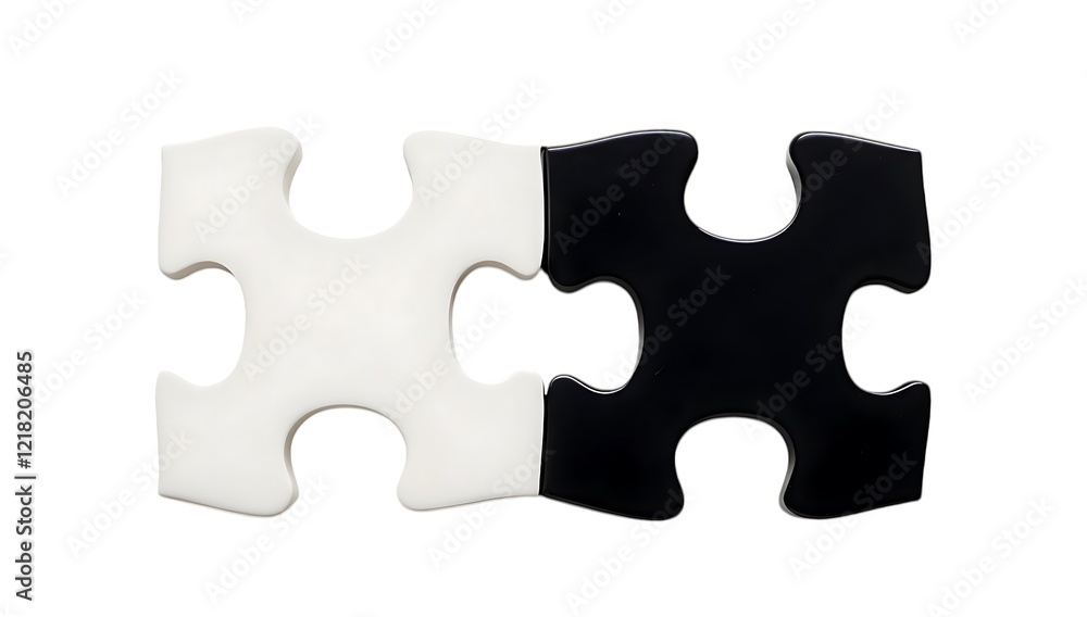 Two puzzle pieces, white and black, fitting together Two puzzle pieces, white and black, fitting together