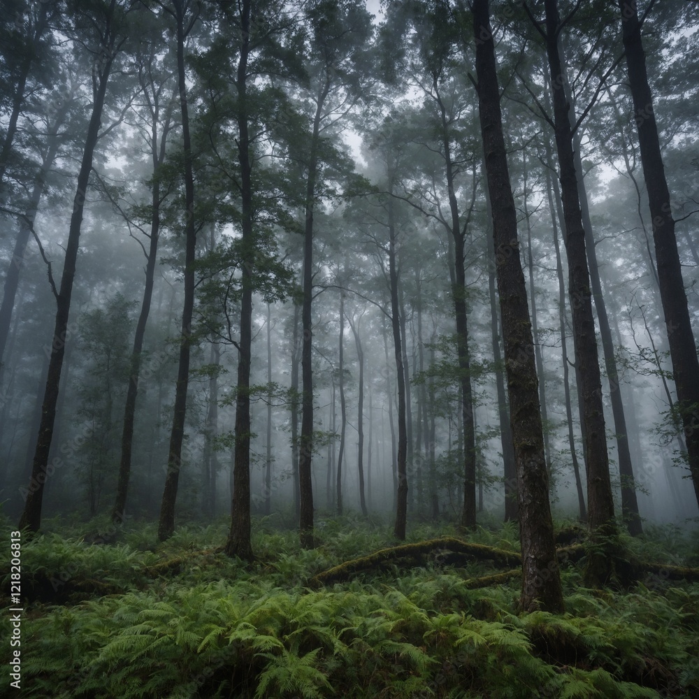 Fototapeta premium A misty morning in a quiet, untouched woodland.
