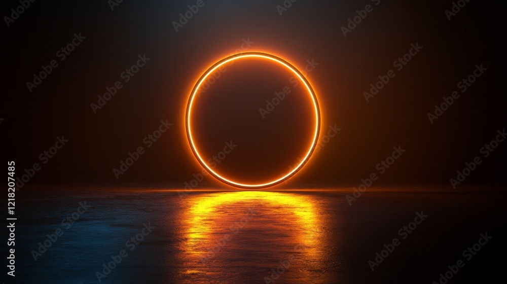 Glowing Orange Oval Neon Light Ring Reflecting on Dark Water Glowing Orange Oval Neon Light Ring Reflecting on Dark Water