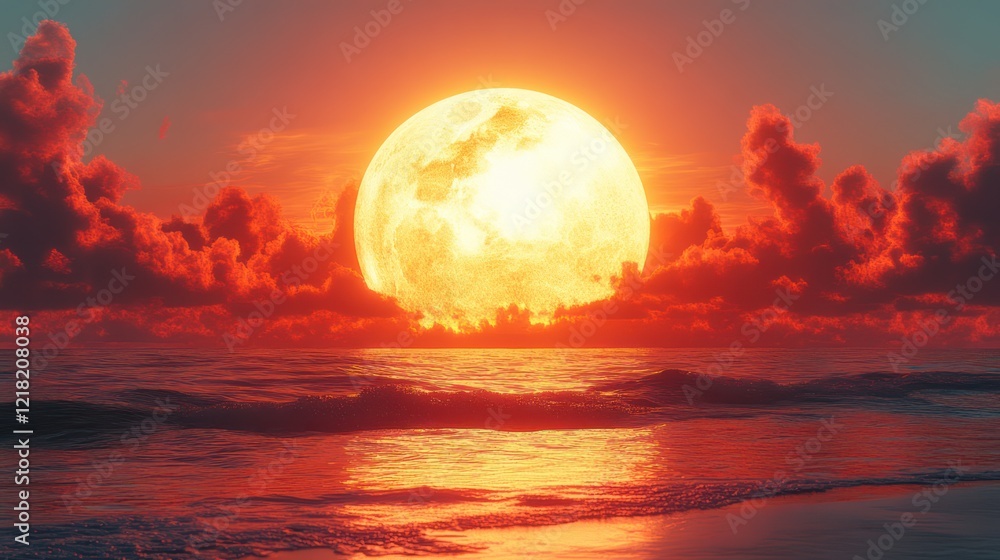Fiery Sunset with a Giant Moon Over the Ocean Fiery Sunset with a Giant Moon Over the Ocean