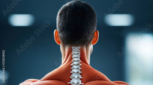 A person's back displays a detailed anatomical model, highlighting muscles and the spine, set against a blurred background.