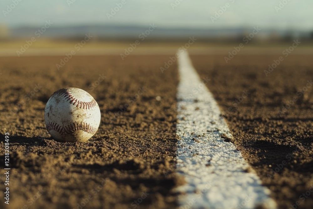 Baseball on dusty infield dirt near the foul line.