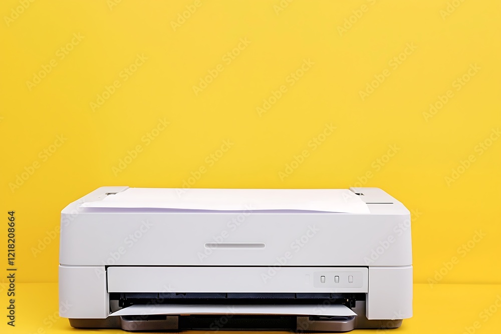 Close up of printer with blank paper on yellow background Close up of printer with blank paper on yellow background