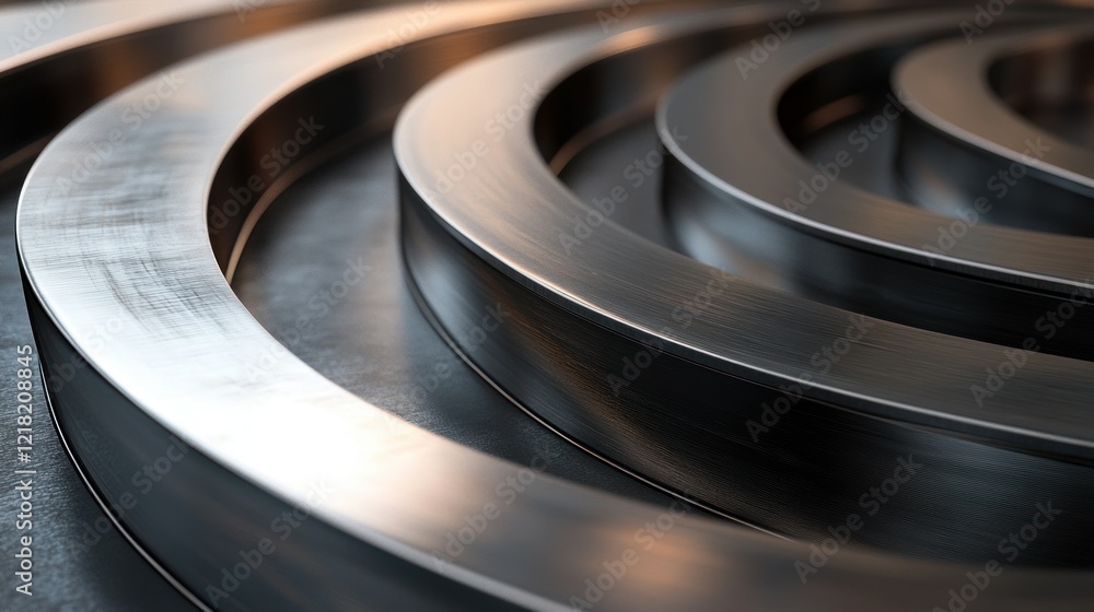 A 3D rendering of sharp-edged abstract metal curves with a gunmetal finish, highlighted by dramatic contrast lighting