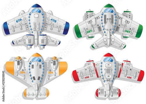 Set of passenger aircraft. View from above. Isolated on white background. Vector illustration.