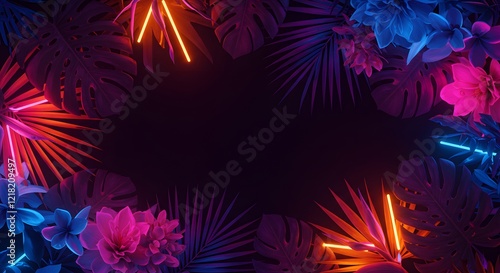 Lush tropical flowers and leaves with a glowing neon aesthetic against a dark background. with wide textspace or copyspace