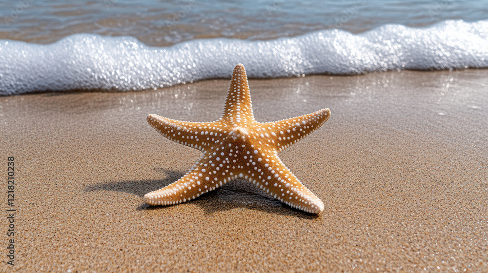 close up of starfish on sandy beach with ocean waves gently lapping close up of starfish on sandy beach with ocean waves gently lapping