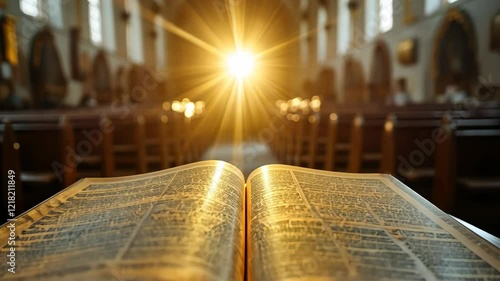 Light shines through stained glass windows illuminating an open book inside a church at dusk