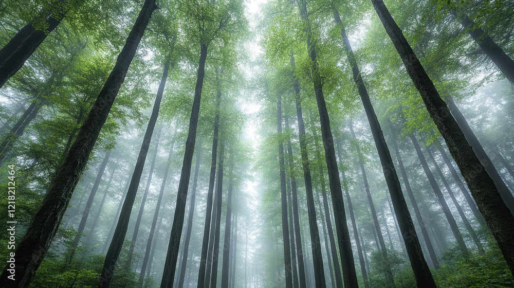 Fototapeta premium Lush green forest with tall trees and mist creating serene atmosphere