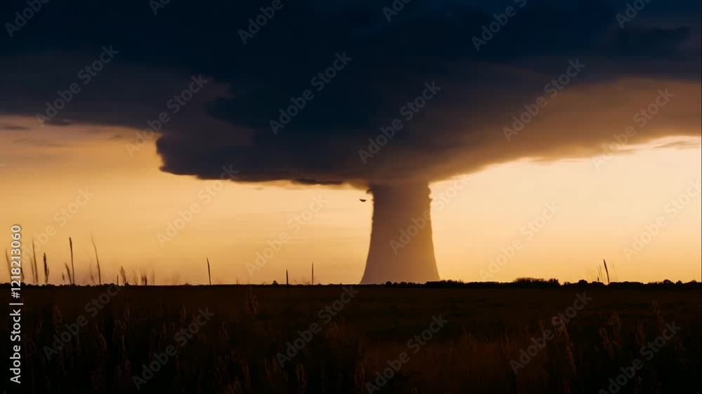 Stunning Sunset Over Industrial Landscape with Emission Cloud Rising from Factory Chimney Against Colorful Sky in Evening Light