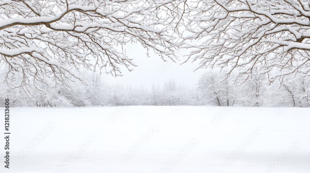 serene winter landscape with snow covered branches and white field serene winter landscape with snow covered branches and white field