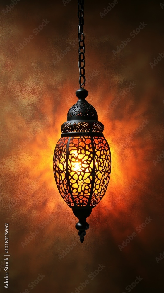 Obraz premium Elegant Metal Lantern with Intricate Cut-Out Design Casting Warm Light Against a Rustic Wall Background in a Cozy Setting