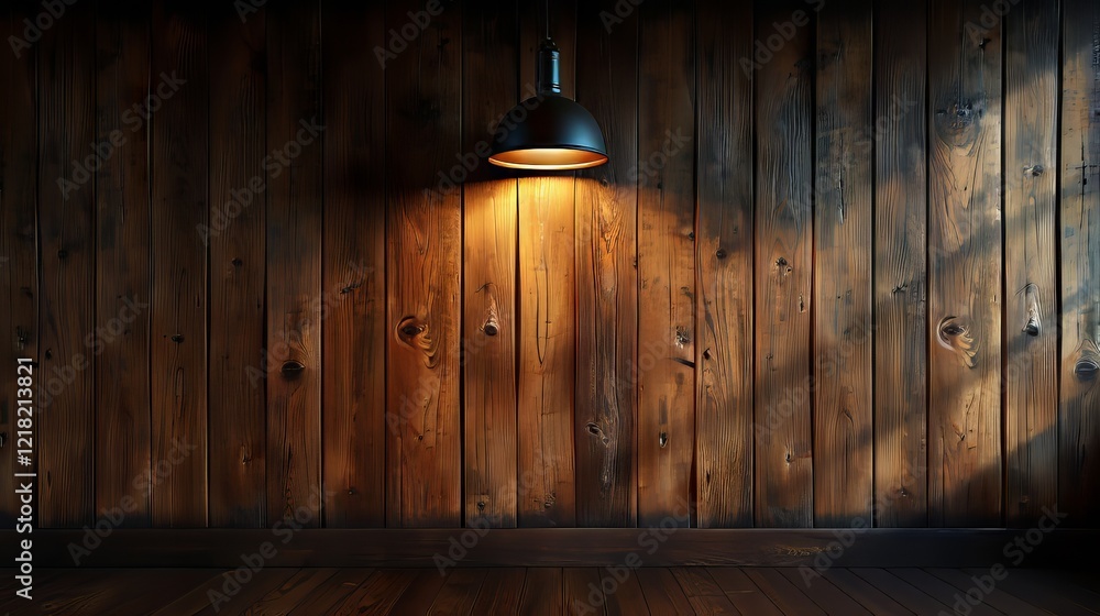 Wooden Wall with Warm Light from Pendant Lamp in Dark Room Wooden Wall with Warm Light from Pendant Lamp in Dark Room