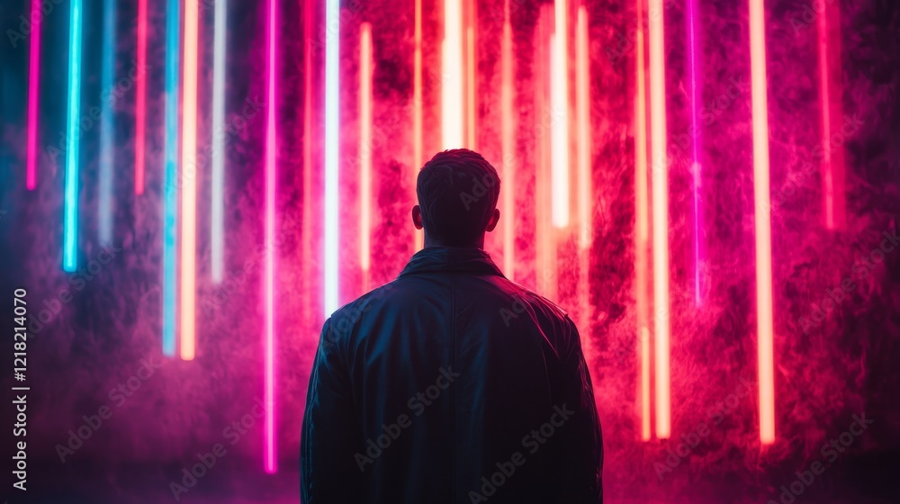 Naklejka premium Man stands before a vibrant neon light display