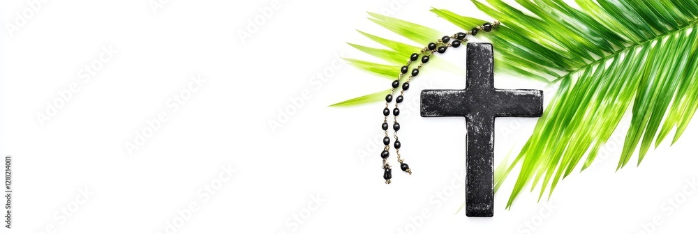 Ash Wednesday Cross and Palm Branch - Symbolic image of faith, hope, peace, renewal, and spirituality. A black cross rests on vibrant green palm leaves. Ash Wednesday Cross and Palm Branch - Symbolic image of faith, hope, peace, renewal, and spirituality. A black cross rests on vibrant green palm leaves.