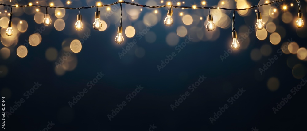 Glimmering Lights: Warm, golden fairy lights strung across a dark blue backdrop create a magical and enchanting atmosphere, perfect for festive celebrations or as a background. Glimmering Lights: Warm, golden fairy lights strung across a dark blue backdrop create a magical and enchanting atmosphere, perfect for festive celebrations or as a background.