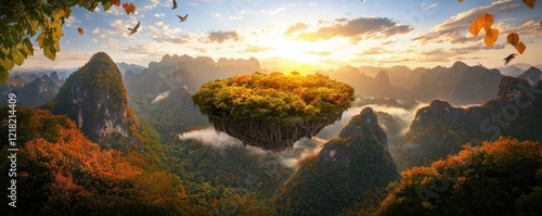 Wallpaper Mural Serene floating island at sunrise mountain landscape nature scene peaceful environment aerial view fantasy concept Torontodigital.ca