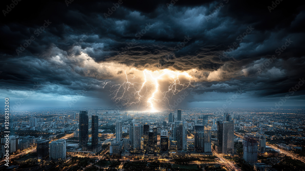 dramatic view of thunderstorm over city at dusk, showcasing lightning striking dramatic view of thunderstorm over city at dusk, showcasing lightning striking