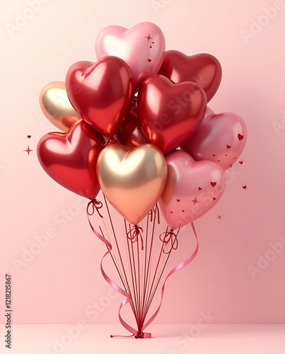 Valentine's day hearts ballons with copyspace, saint valentine and love background concept, blank space, hd,Vibrant heart-shaped balloons of various shades, including red and pink, are gathered togeth photo