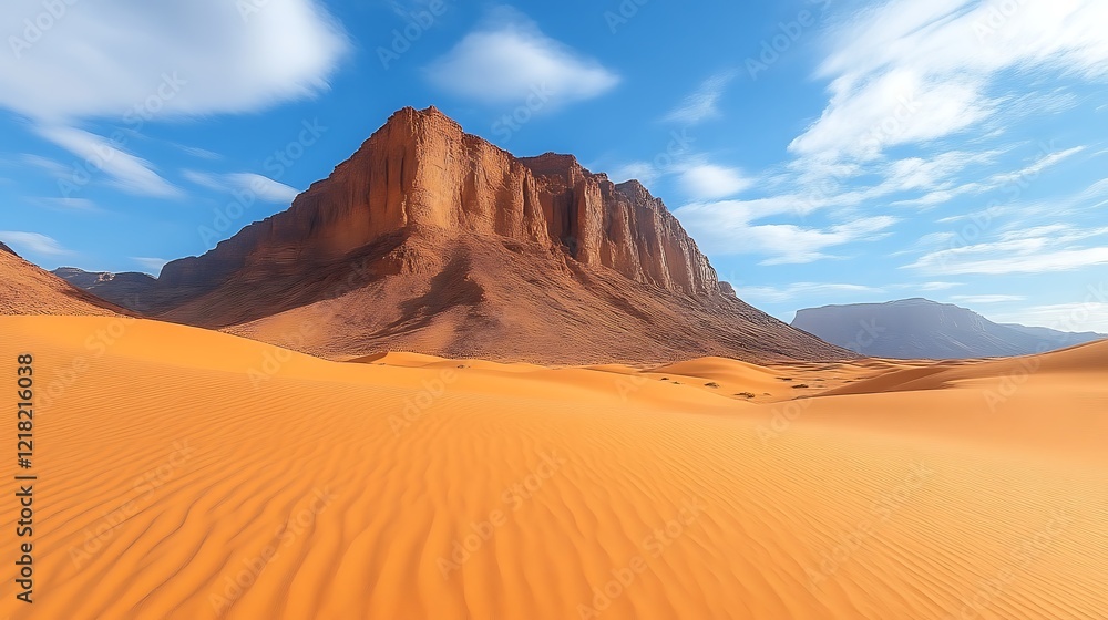 Majestic sandstone formations rise above orange desert sands Majestic sandstone formations rise above orange desert sands
