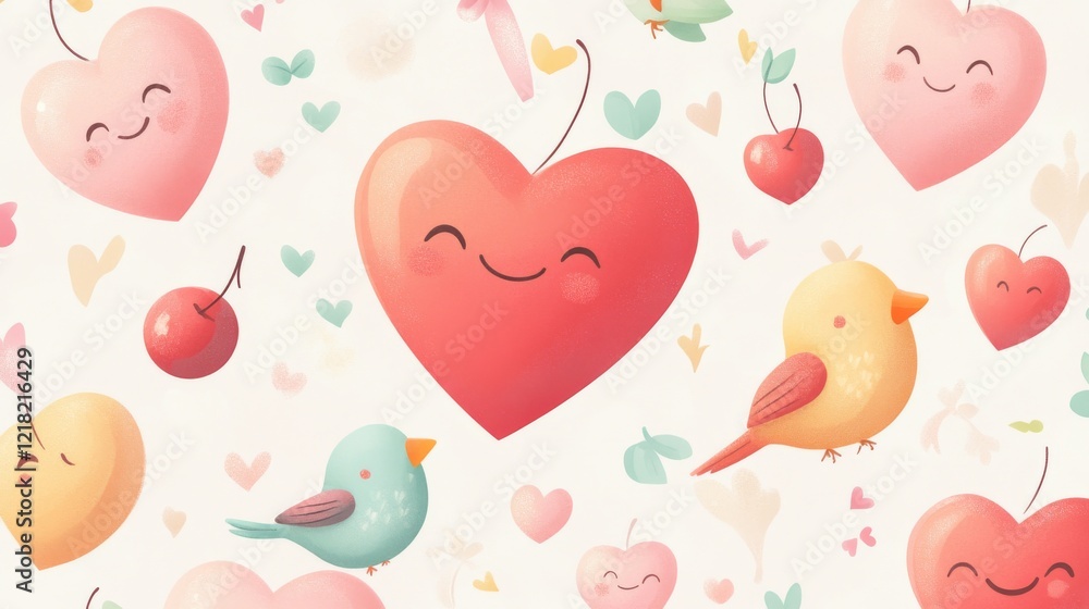 14.A seamless pattern featuring cheerful smiling hearts and playful cherry-shaped hearts, paired with tiny birds holding ribbons, all in a soft groovy pastel palette. 14.A seamless pattern featuring cheerful smiling hearts and playful cherry-shaped hearts, paired with tiny birds holding ribbons, all in a soft groovy pastel palette.