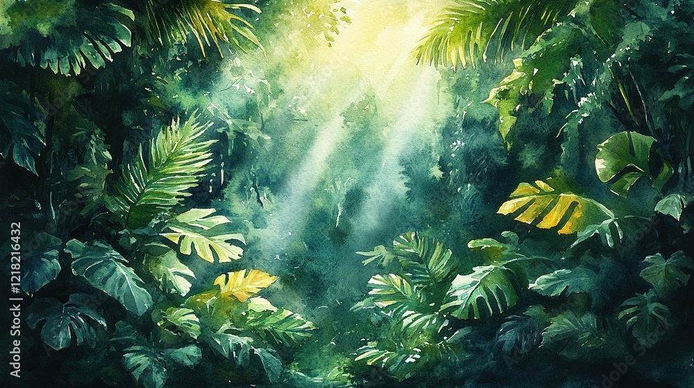 Obraz premium Lush Tropical Rainforest Watercolor Painting With Sunlight