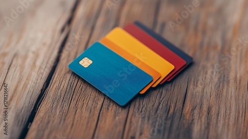 Colorful Credit Cards on Wood: A vibrant stack of credit cards in assorted colors—blue, yellow, red, and black—rests on a rustic wooden surface. The image evokes themes of finance, spending.