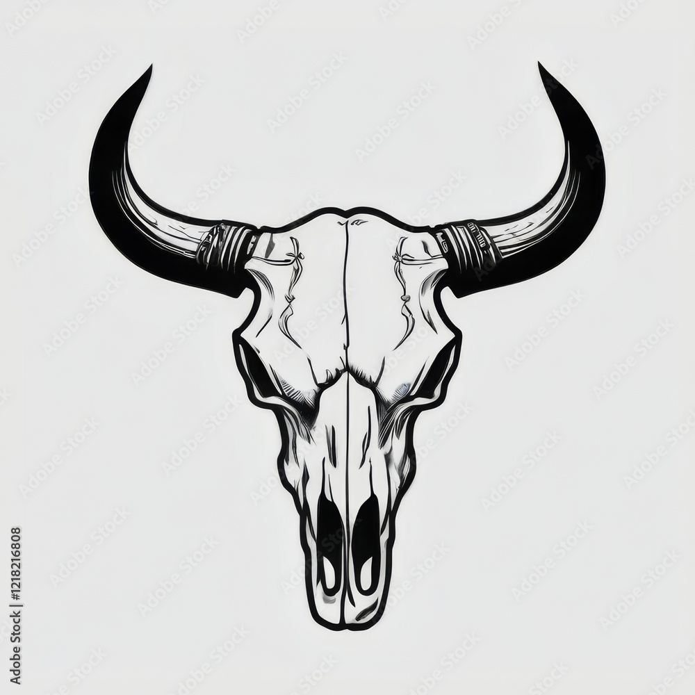 Fototapeta premium Bull skull illustration with tribal design and stars on white background, facing left with large curved horns.