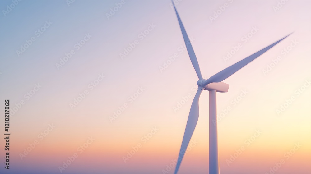 Fototapeta premium Aerial view of white wind turbines with blades against the sky and landscape at sunset, Generative AI 