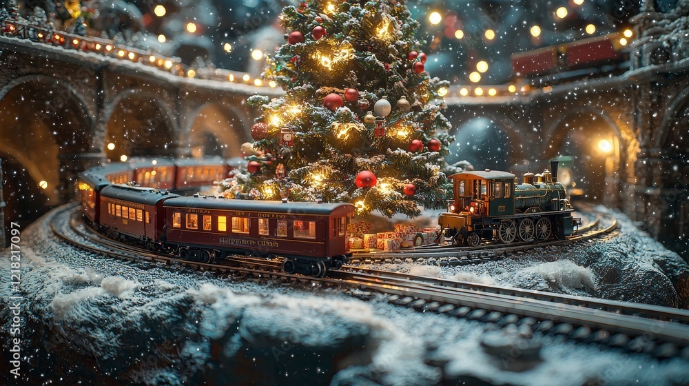 Obraz premium Festive train journey around christmas tree holiday setting miniature scene cozy atmosphere close-up view