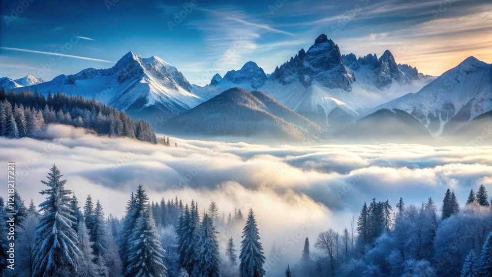 Serene Winter Mountainscape Snow-Covered Peaks and a Sea of Clouds at Sunrise Serene Winter Mountainscape Snow-Covered Peaks and a Sea of Clouds at Sunrise