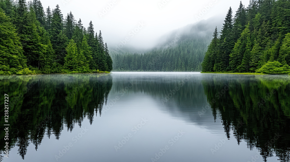 foggy lake at dawn with dark silhouettes of trees reflecting on water foggy lake at dawn with dark silhouettes of trees reflecting on water