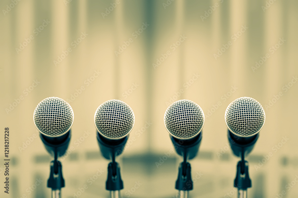 Microphone for press conference speaker report interview concepts or broadcasting public speaking speech presentation stage performance and reporter news with empty copy space background.