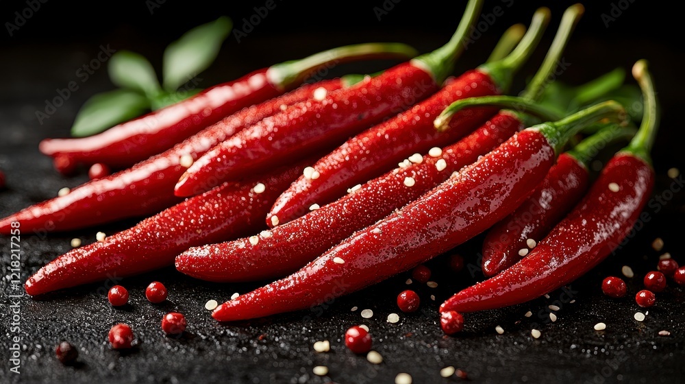 Spicy red chili peppers close-up, dark background, food photography Spicy red chili peppers close-up, dark background, food photography