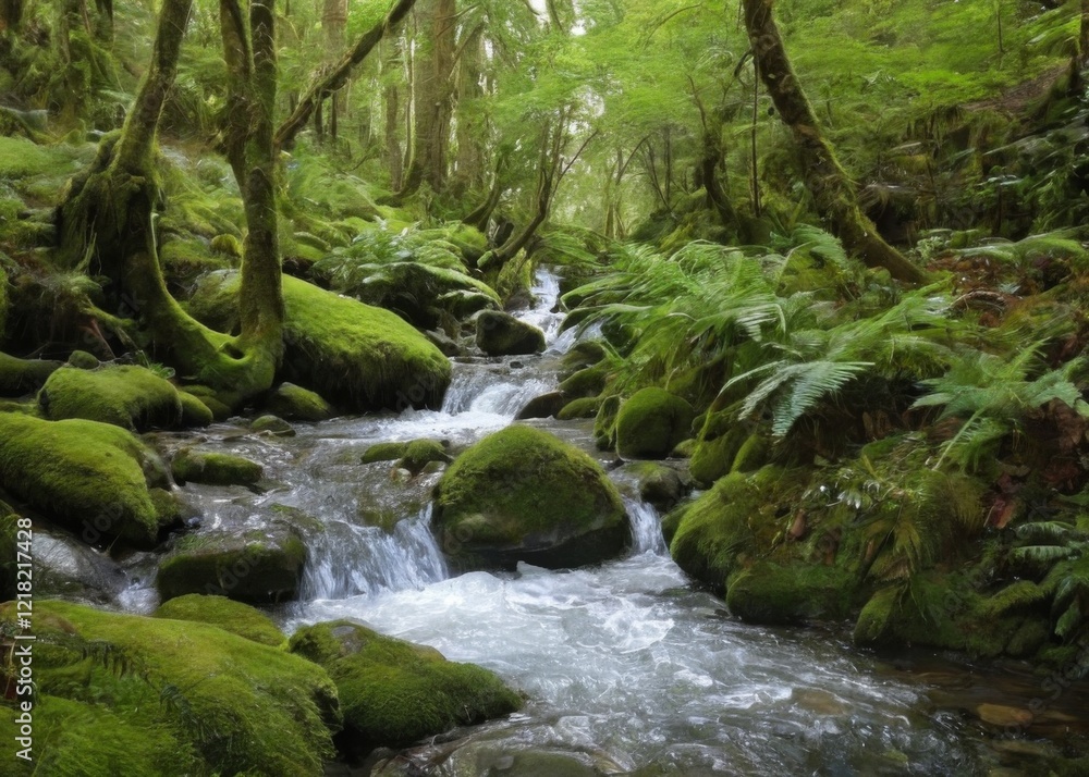 Lush Forest Landscape with Clear Stream, Mossy Rocks, Tall Trees, and Peaceful Atmosphere Lush Forest Landscape with Clear Stream, Mossy Rocks, Tall Trees, and Peaceful Atmosphere