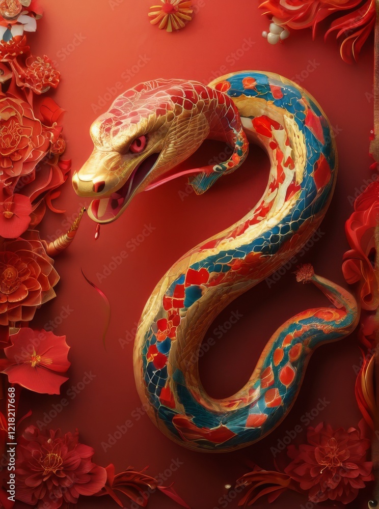 Obraz premium Chinese New Year snake illustration in vibrant colors with intricate details and festive atmosphere symbol of luck and prosperity.