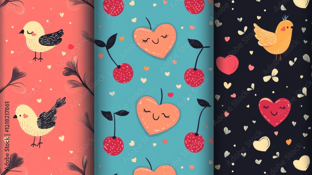 13.Set of Valentines vector seamless patterns. Groovy trendy romantic background. Lovely cartoon patterns with smiling hearts, cherry hearts and birds for Valentines designs, fabric, wallpaper. Love 13.Set of Valentines vector seamless patterns. Groovy trendy romantic background. Lovely cartoon patterns with smiling hearts, cherry hearts and birds for Valentines designs, fabric, wallpaper. Love