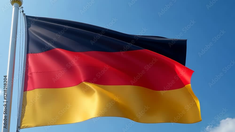 National Flag of Germany Waving Against Clear Blue Sky and Sunlight Symbolizing German Identity and Heritage National Flag of Germany Waving Against Clear Blue Sky and Sunlight Symbolizing German Identity and Heritage