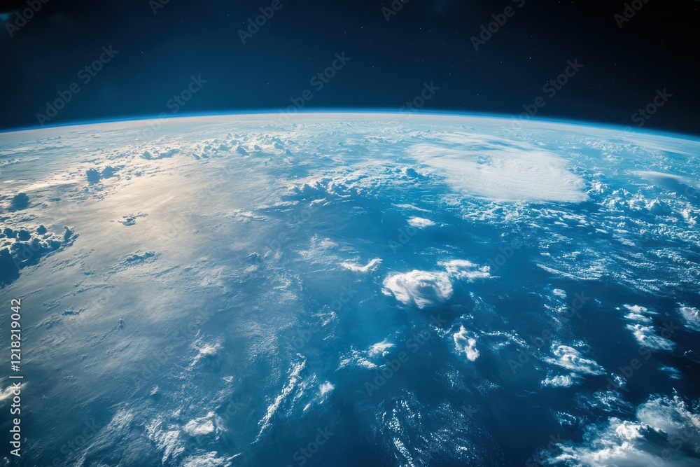 Fototapeta premium A stunning view of Earth from space showcasing majestic clouds, the vibrant blue oceans, and the planet's curvature, epitomizing our beautiful home.