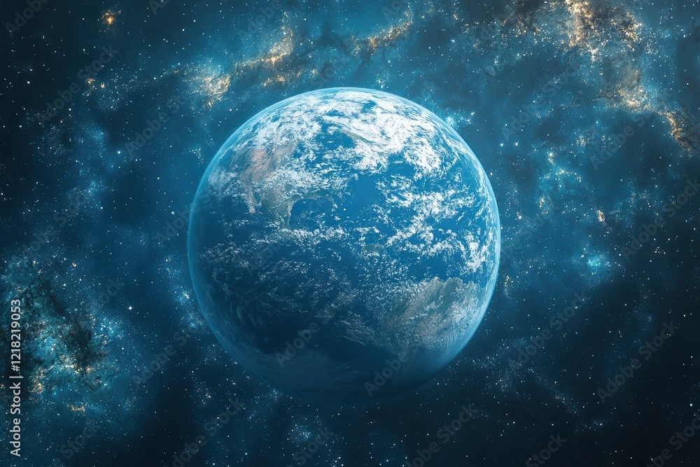 Fototapeta premium A stunning view of Earth from space, showcasing blue oceans, white clouds, and vast starry background. Captivating image representing our planet's beauty.